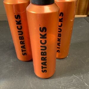 3 Starbucks Orange/copper colored black lettering hard plastic water tumbler new